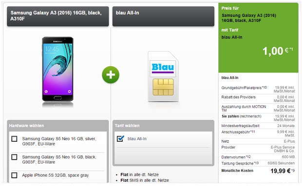 Blau Allnet-Flat mit Samsung Galaxy A3 bei Modeo für 19,99 € pro Monat