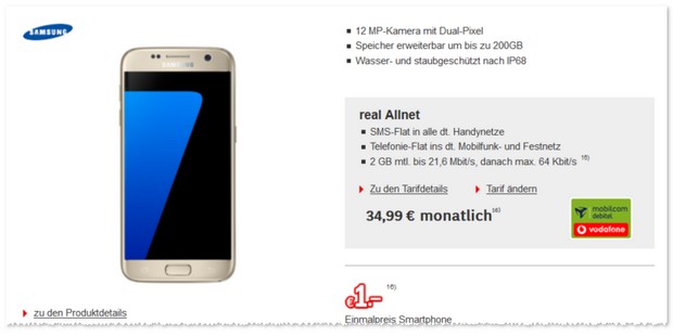 Vodafone Real Allnet Tarif mit Samsung Galaxy S7 - Angebot