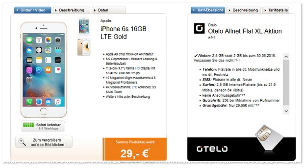 otelo Allnet-Flat XL Handyvertrag mit iPhone 6S Angebot