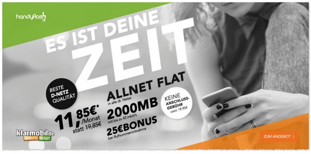 Klarmobil Allnet-Flat im Vodafone-D2-Netz mit 2 GB Internet-Flat für 11,85 €