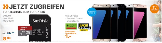 Saturn-Angebot aus der TV-Werbung ab 7.11.2016 (Montag): SanDisk Speicherkarte 8,99 €, Galaxy S7 edge Vertrag mit 1 € Zuzahlung